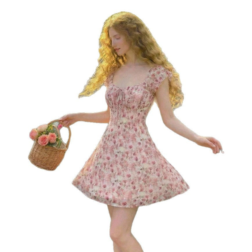 Women's new summer french romantic elegant floral print cinched waist a-line mini dress - perfect for dates