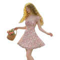 Women's new summer french romantic elegant floral print cinched waist a-line mini dress - perfect for dates