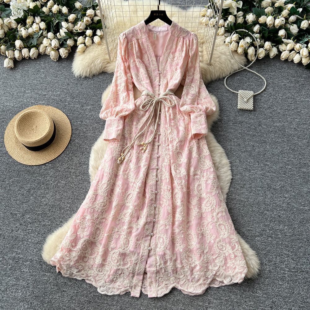 French chic elegant women's dress -  autumn fashion tie-waist v-neck long dress with intricate embroidery