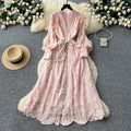 French chic elegant women's dress -  autumn fashion tie-waist v-neck long dress with intricate embroidery