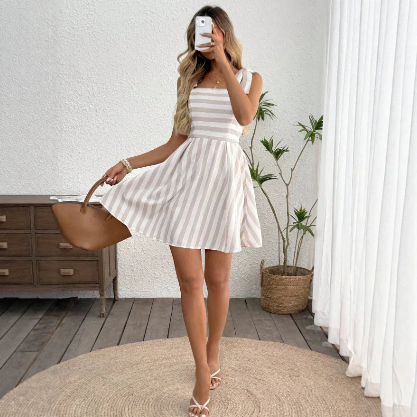 european and american cross-border new striped cinched-waist cami summer dress