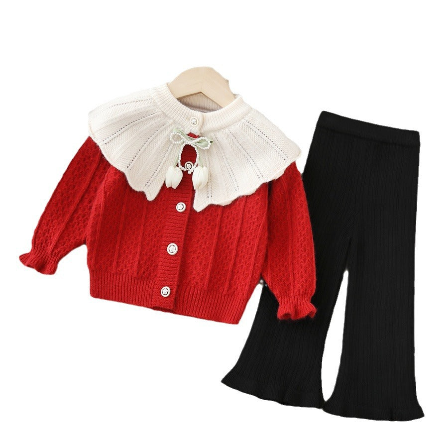 Girls' knitted sweater two-piece set -  autumn/winter new collection - handmade floral pants set for baby girls