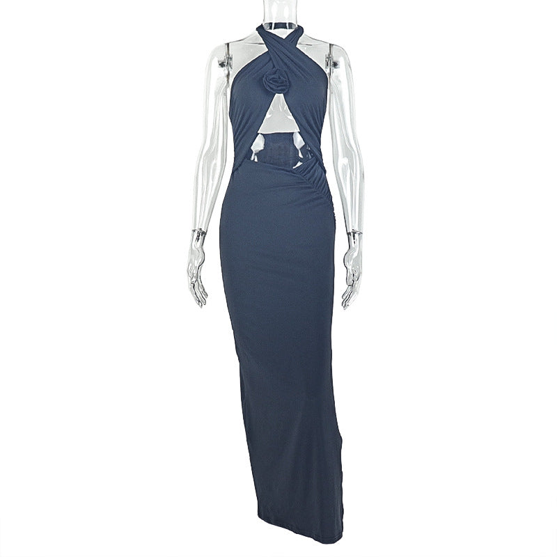 European and american style women's foreign trade dress - hollow-out, fashionable slit, pleated, backless, bodycon, criss-cross halter neck, solid color maxi dress