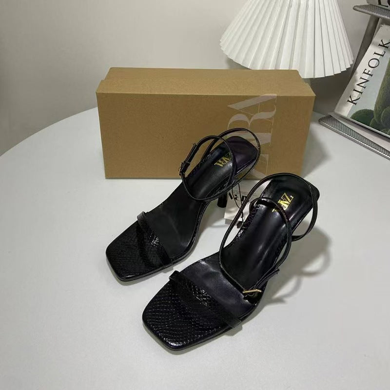 Za2024 new thin heel high heel women's shoes square toe one-piece gold snake pattern open toe back strap open heel sandals for women