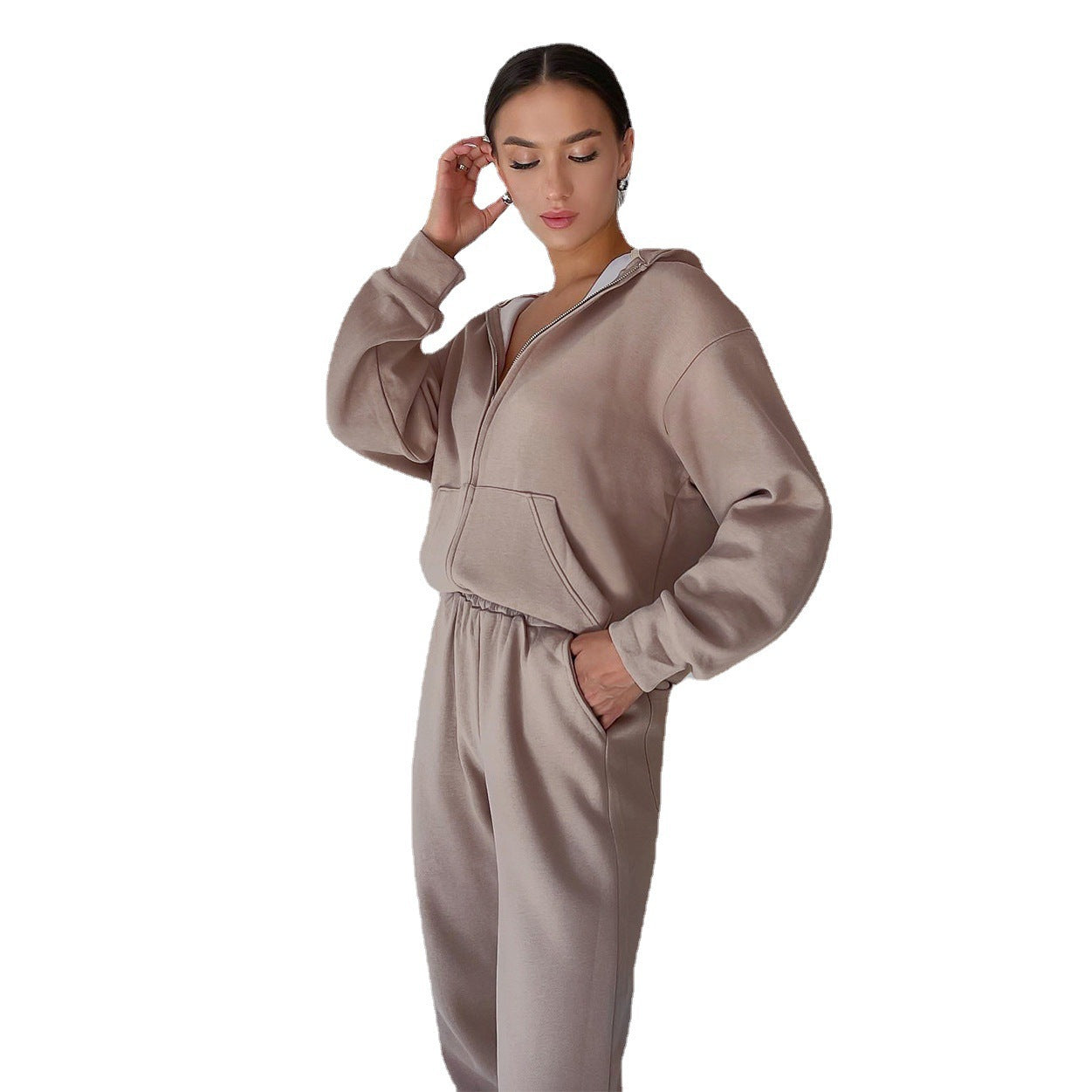 Europe and the United States popular 2024 independent station   autumn women's hooded zipper cardigan sweater casual suit