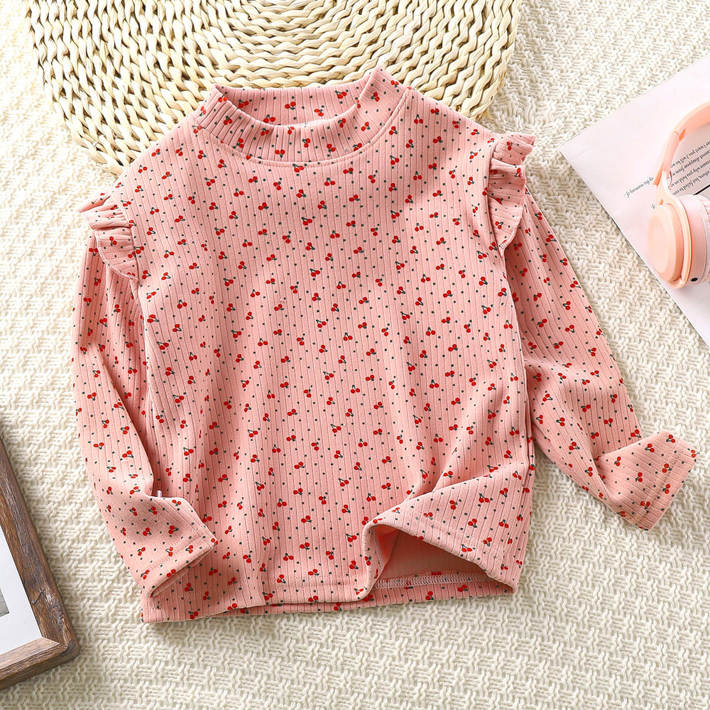 Girls' fall/winter floral print undershirt - girls' flutter sleeve autumn t-shirt - versatile trendy flutter sleeve undershirt for little girls
