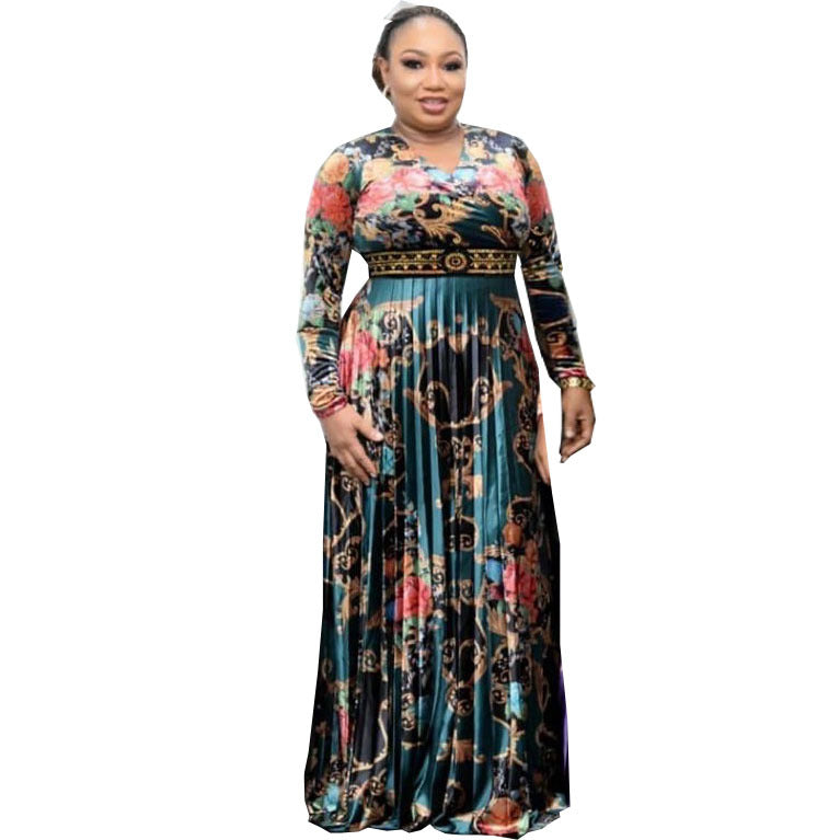 supply long skirt printingv neck waist and chest with diamond pleated skirt special price