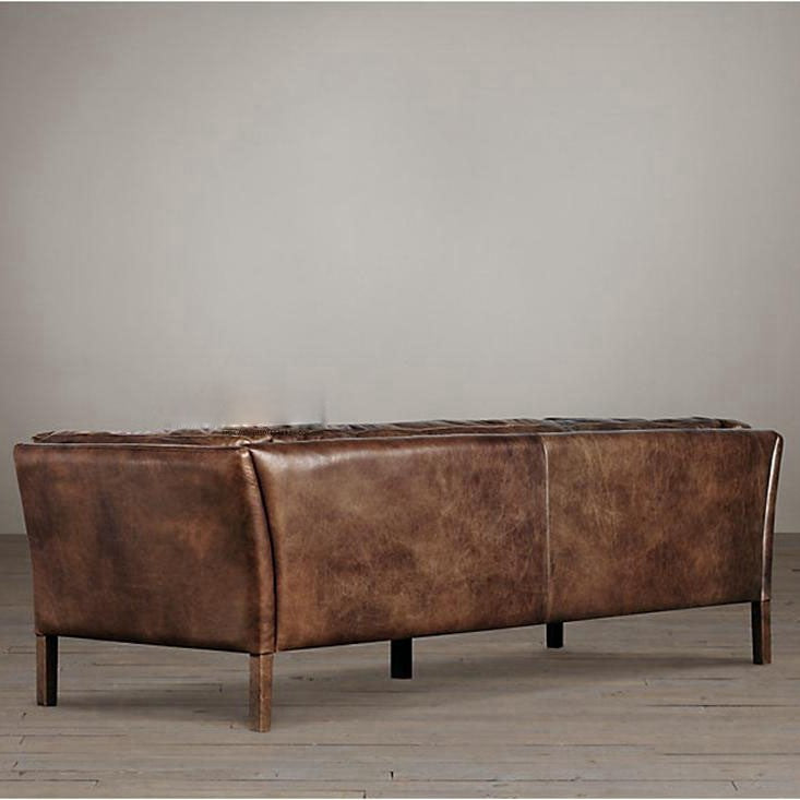 First-layer cowhide sofa, living room, chinese ancient style, small apartment, retro oil wax leather, three-person sofa