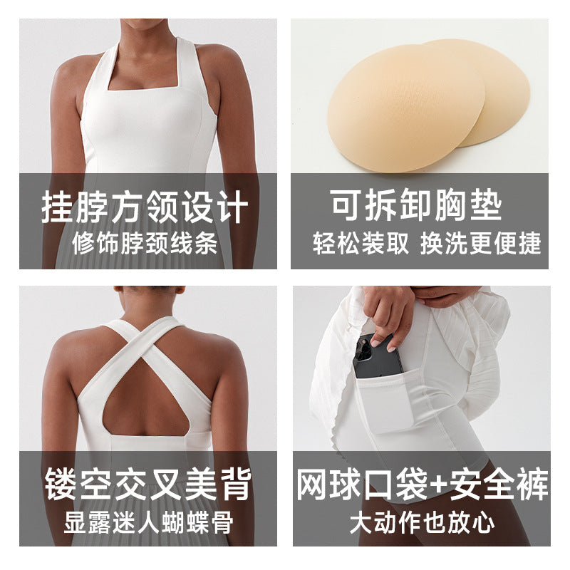 Spring/summer new anti-exposure short-sleeve one-piece tennis skirt - pleated running golf sports skirt - fashionable yoga skirt