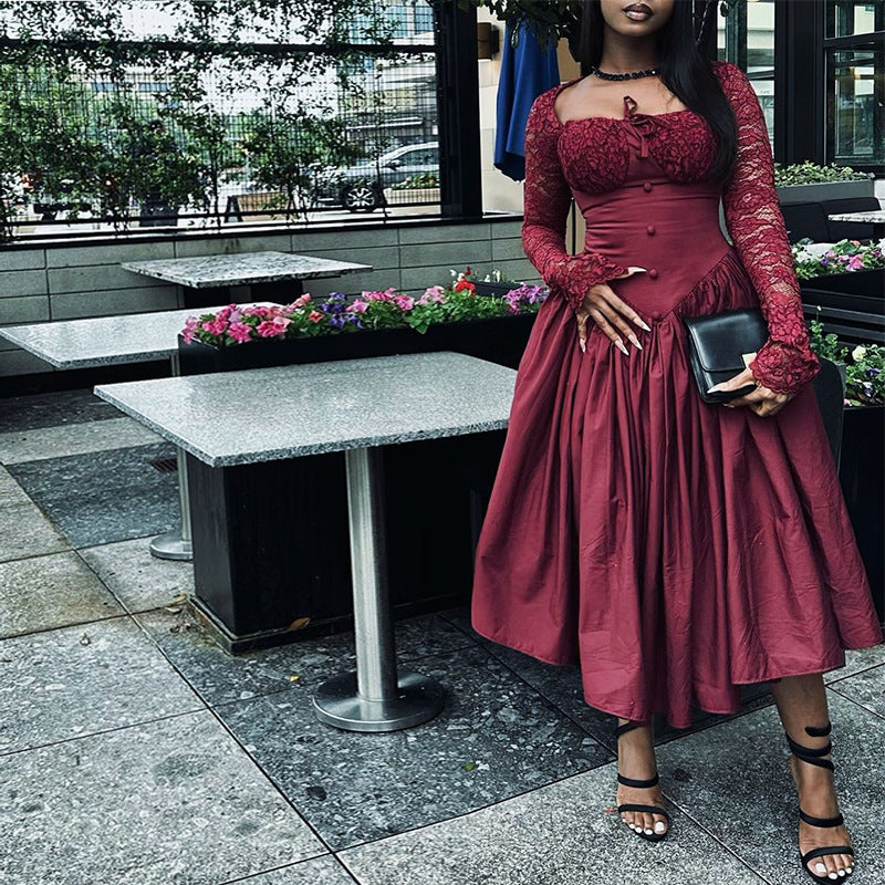 European and american cross-border women's fashion:  summer new arrival - elegant square neck lace long sleeve cinched waist solid color midi dress
