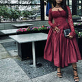 European and american cross-border women's fashion:  summer new arrival - elegant square neck lace long sleeve cinched waist solid color midi dress