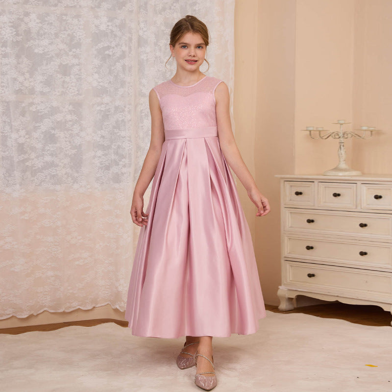 Custom-made girls' formal dresses for export: v-neck, bow accent, long princess dress for mid-to-large children, european and american style satin skirt