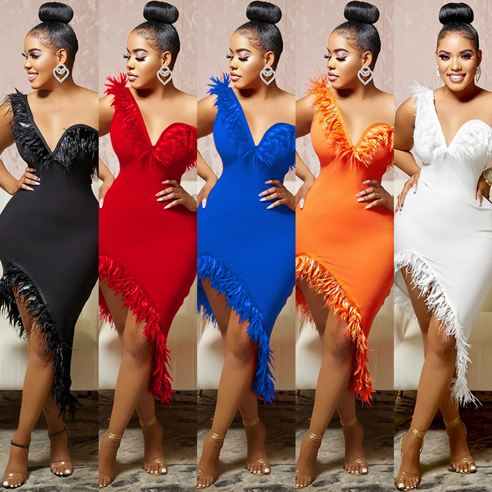 X5907   fashion new product pure colorv neck sleeveless chest wrap feather asymmetrical midi skirt dress