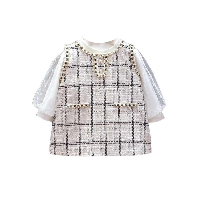 Girls' chanel-inspired dress, new spring long-sleeve two-piece set, korean style baby girl plaid outfit