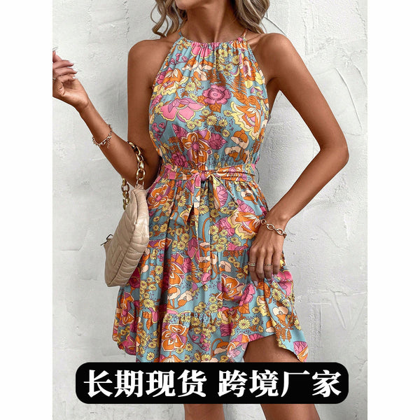 Women's spring and summer dress, Europe, America,    women's lace-up printing suspender medium and long skirt spot