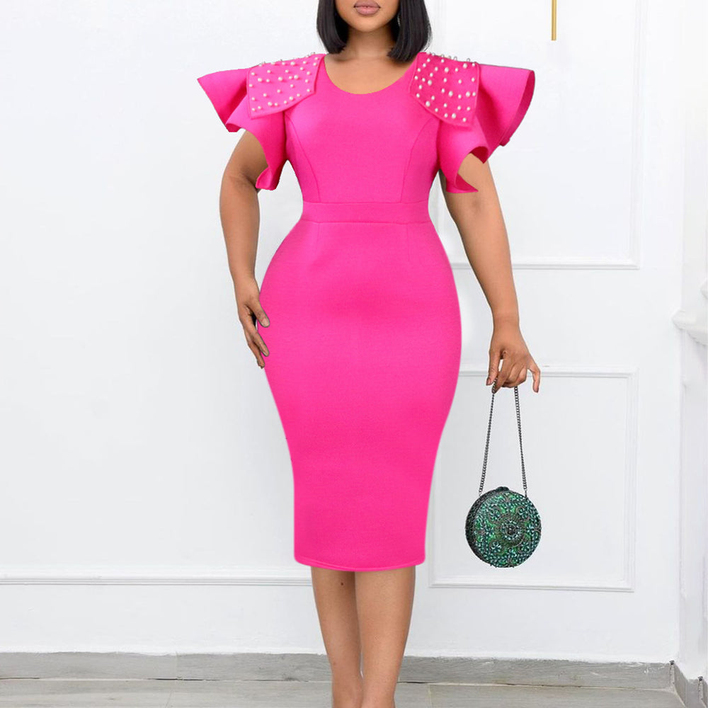Plus size women's fashion: new  round neck ruffle sleeve slit beaded bodycon office lady dress - european & american style