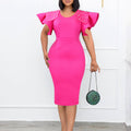 Plus size women's fashion: new  round neck ruffle sleeve slit beaded bodycon office lady dress - european & american style