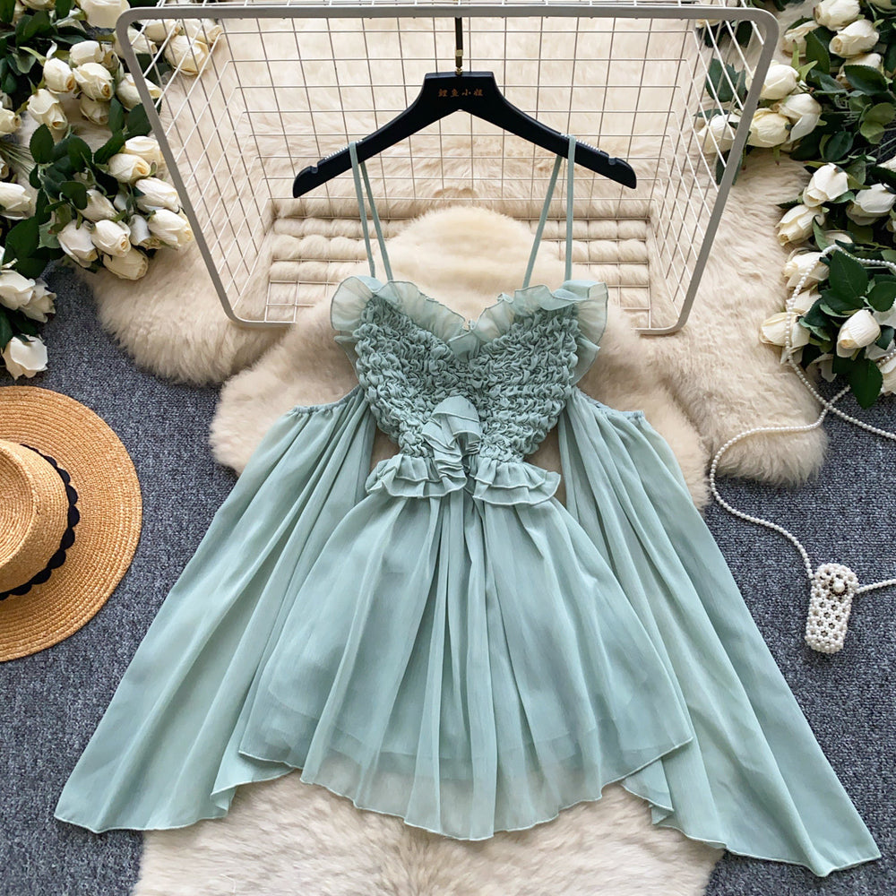 Korean style commute chic pink sweet spaghetti strap dress - women's summer ruched off-shoulder elegant high-end girly dress