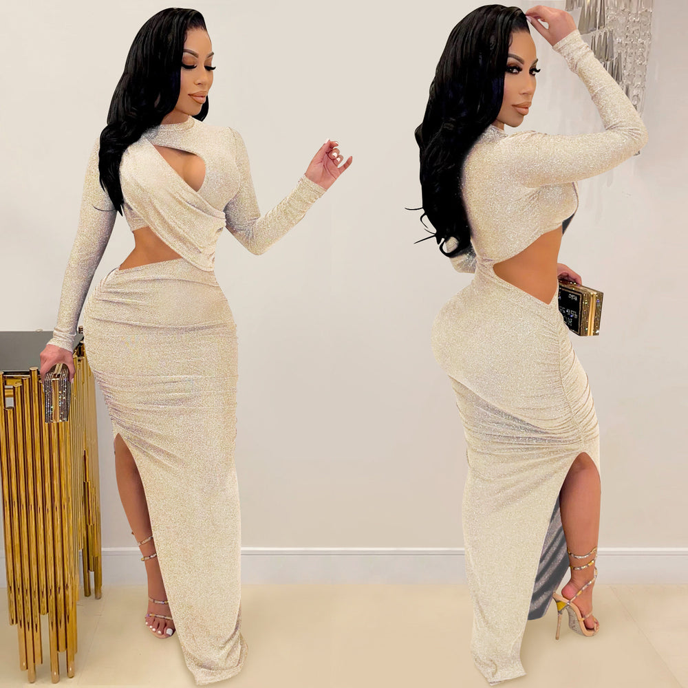 C5550 summer new european and american  cross-border fashion long sleeve sexy hollow-out slit maxi dress for women