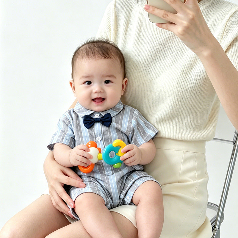 Baby summer outfit: lightweight newborn boy romper - short sleeve striped oxford style - first birthday super cute onesie
