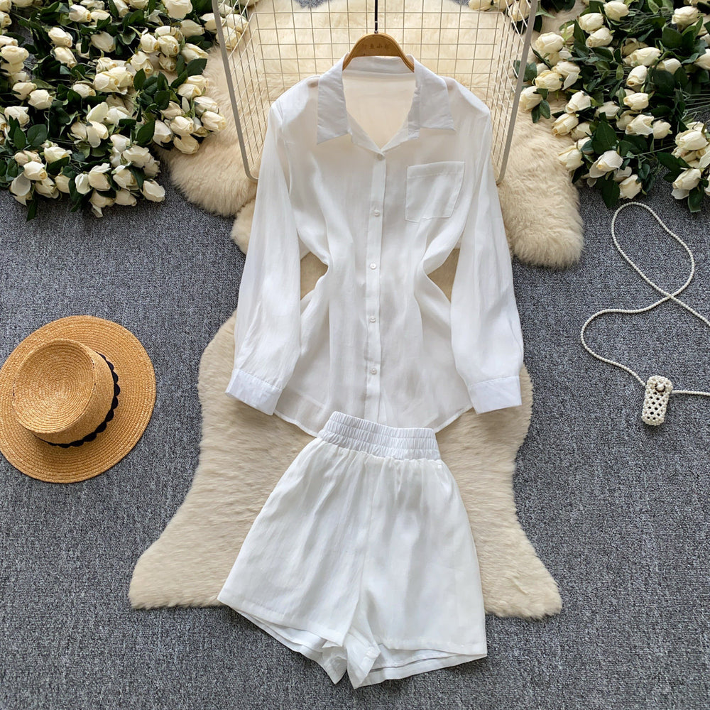Light mature french style yellow shirt shorts two-piece set female autum be careful to expose the waist and waist slimming lookwork clothingsuit