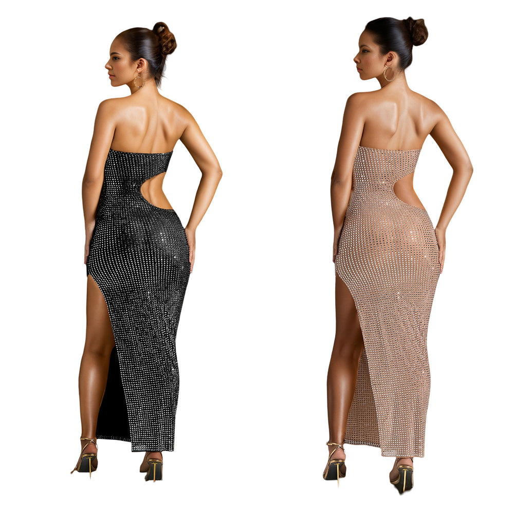C7057 cross-border   independent station fashionfashion women's hot diamond slit dress long skirt new