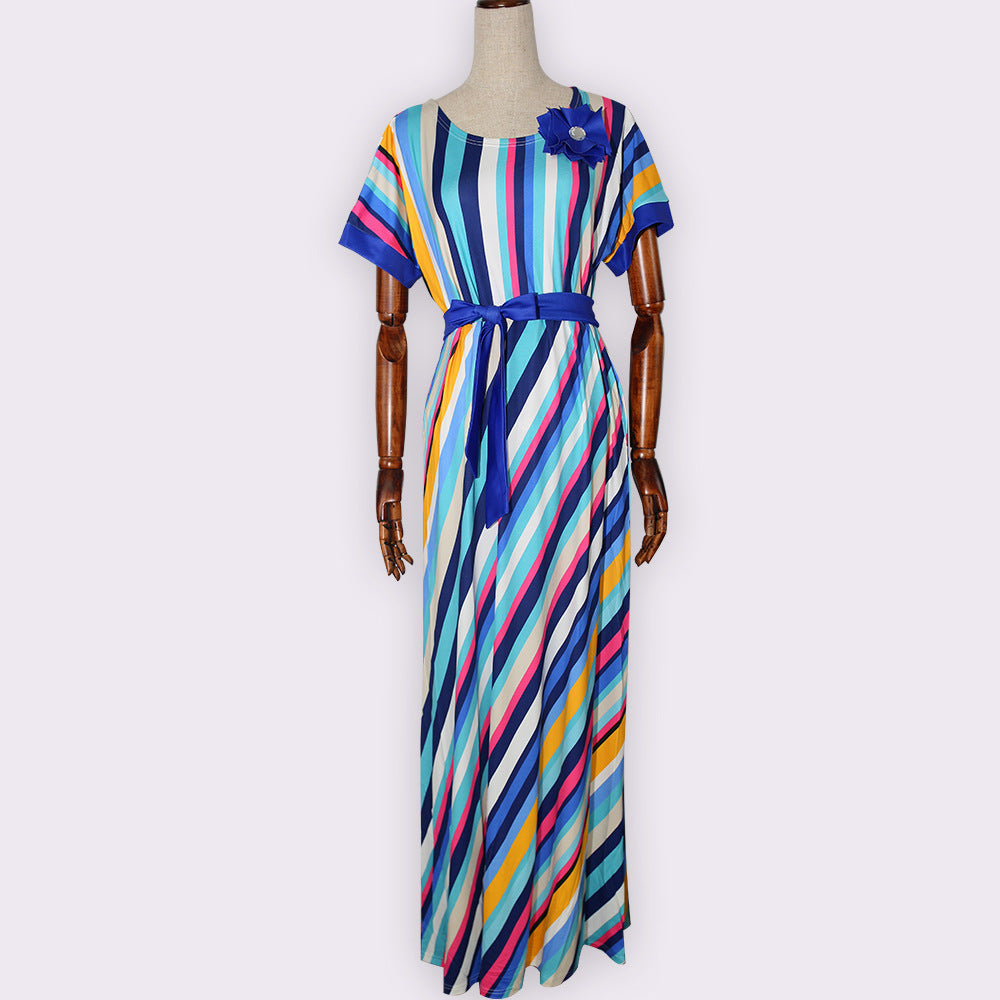 supply   colorful striped belt * floral chest african plus size women's dress