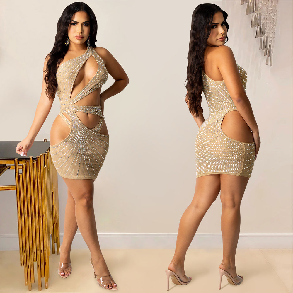 X5283 cross-border fashion new product nightclub sexy solid color women's clothing hot diamond mesh one shoulder cut out short skirt dress