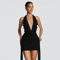 European and american women's clothing  summer new fashion teardrop embellished sexy deep v-neck halter neck tie-up bodycon dress