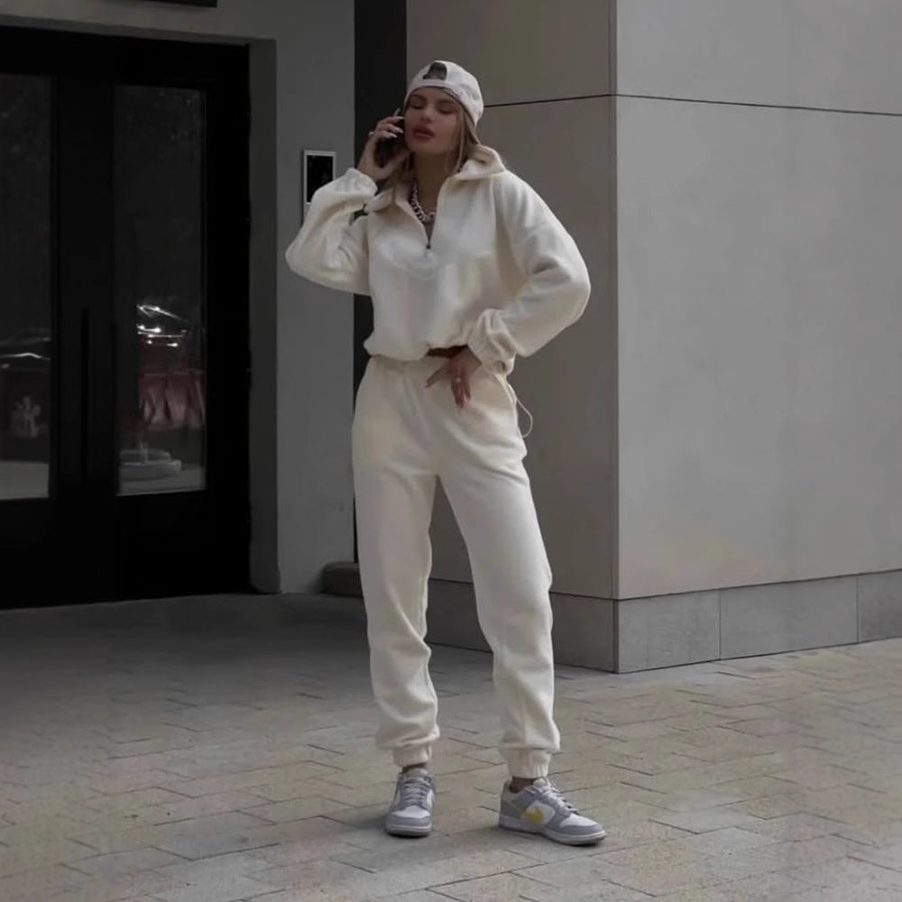 European and American  fashion sweater set women's zipper semi-cardigan jumper trousers two-piece set sports suit women