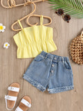 hot children's clothing suspender pleated stereo vest tops washed brushed denim shorts for girls and small children suit