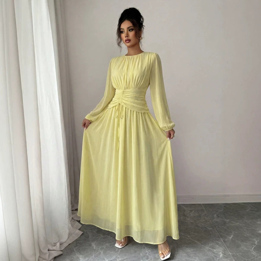 European and american cross-border  french long gown - round neck, loose fit, lantern sleeves, soft korean style, overseas fashion