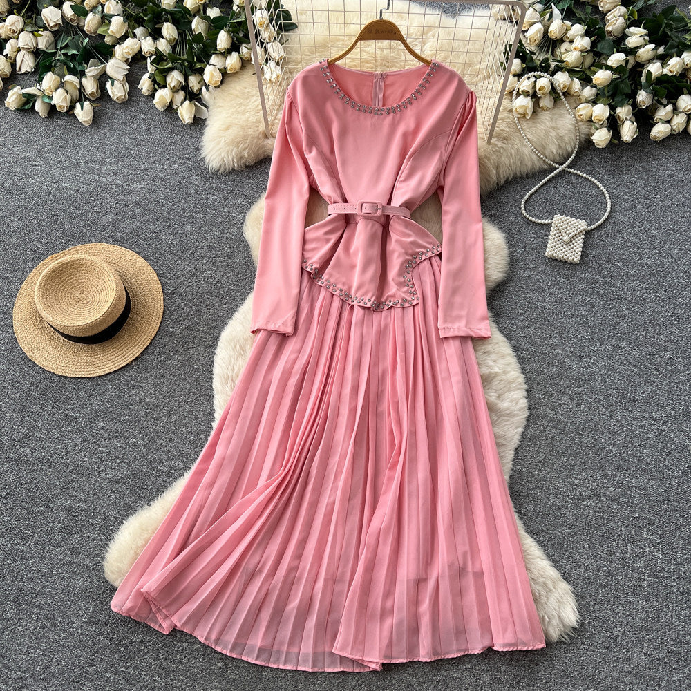 Korean style red long-sleeved a-line bodycon dress - women's spring/summer commute-friendly, slimming, pleated maxi skirt