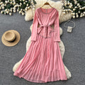 Korean style red long-sleeved a-line bodycon dress - women's spring/summer commute-friendly, slimming, pleated maxi skirt