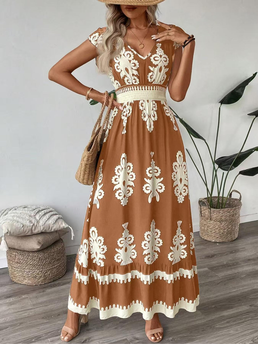 2025 new european and american amazon aliexpress summer fashion printed v-neck waist-defining long dress for women