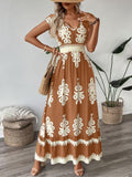 2025 new european and american amazon aliexpress summer fashion printed v-neck waist-defining long dress for women