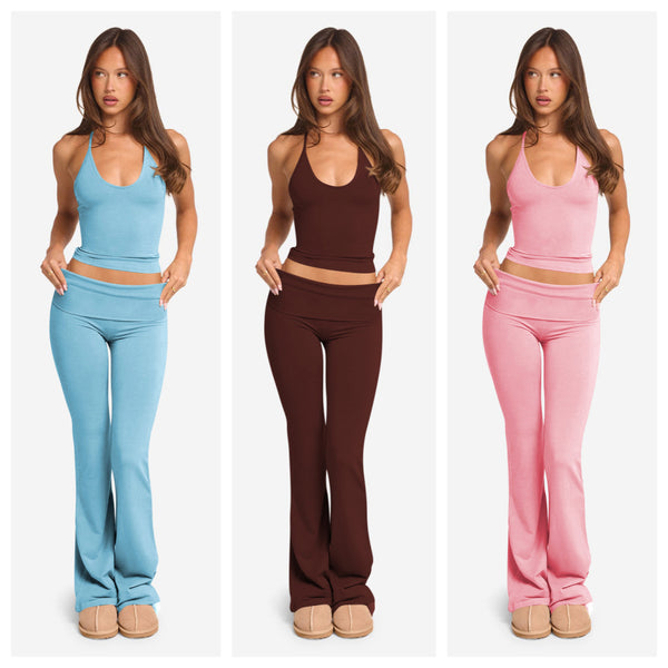 YD8829 European and American women's clothing, 's new models, fashionable and sexy straps hanging around the neck, solid color two-piece set