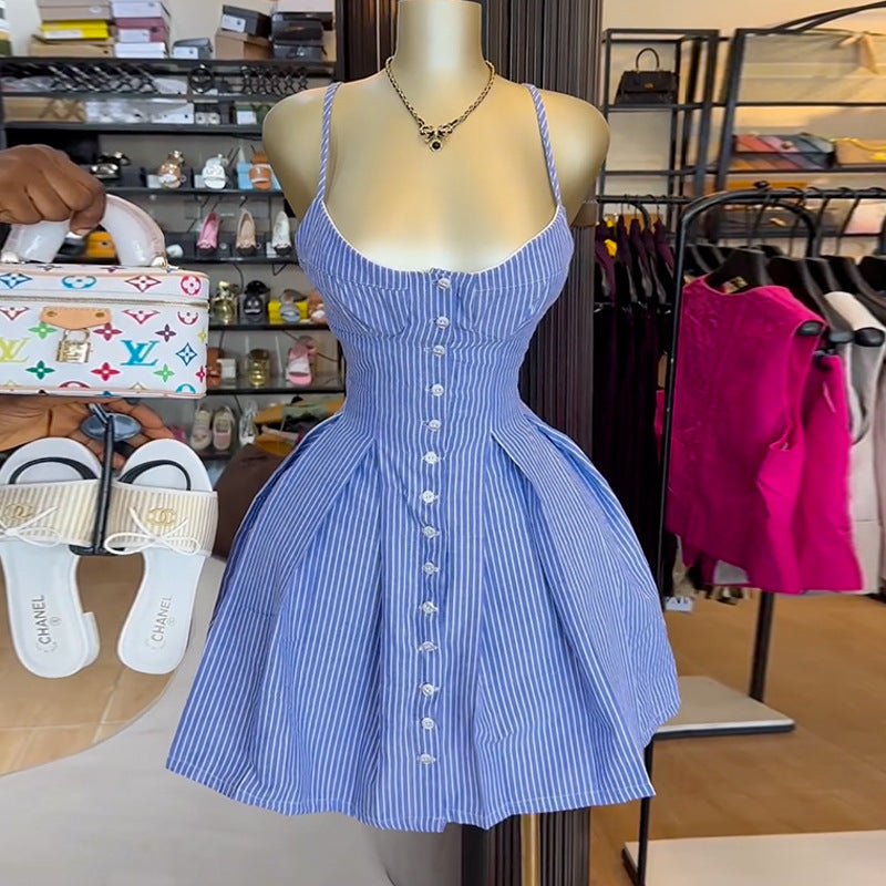 European and american cross-border women's fashion:  summer new arrival - chic and elegant blue striped a-line irregular strap dress