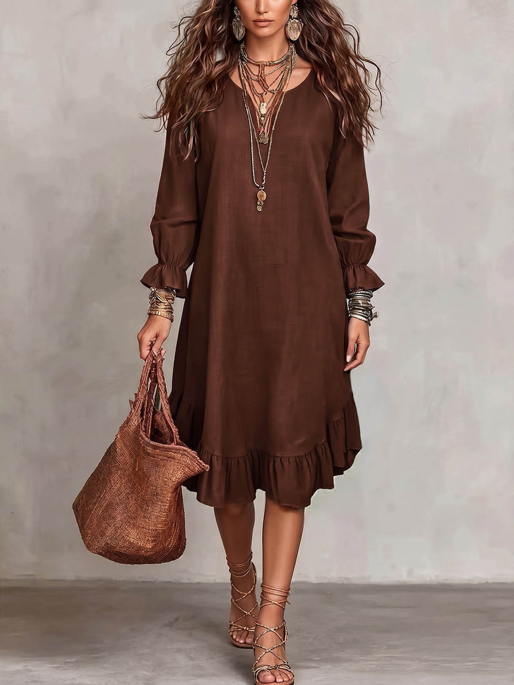Women's vacation-ready slip dress: relaxed fit, v-neck, slit hem, ruffle trim, midi length - wholesale available