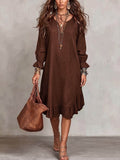 Women's vacation-ready slip dress: relaxed fit, v-neck, slit hem, ruffle trim, midi length - wholesale available