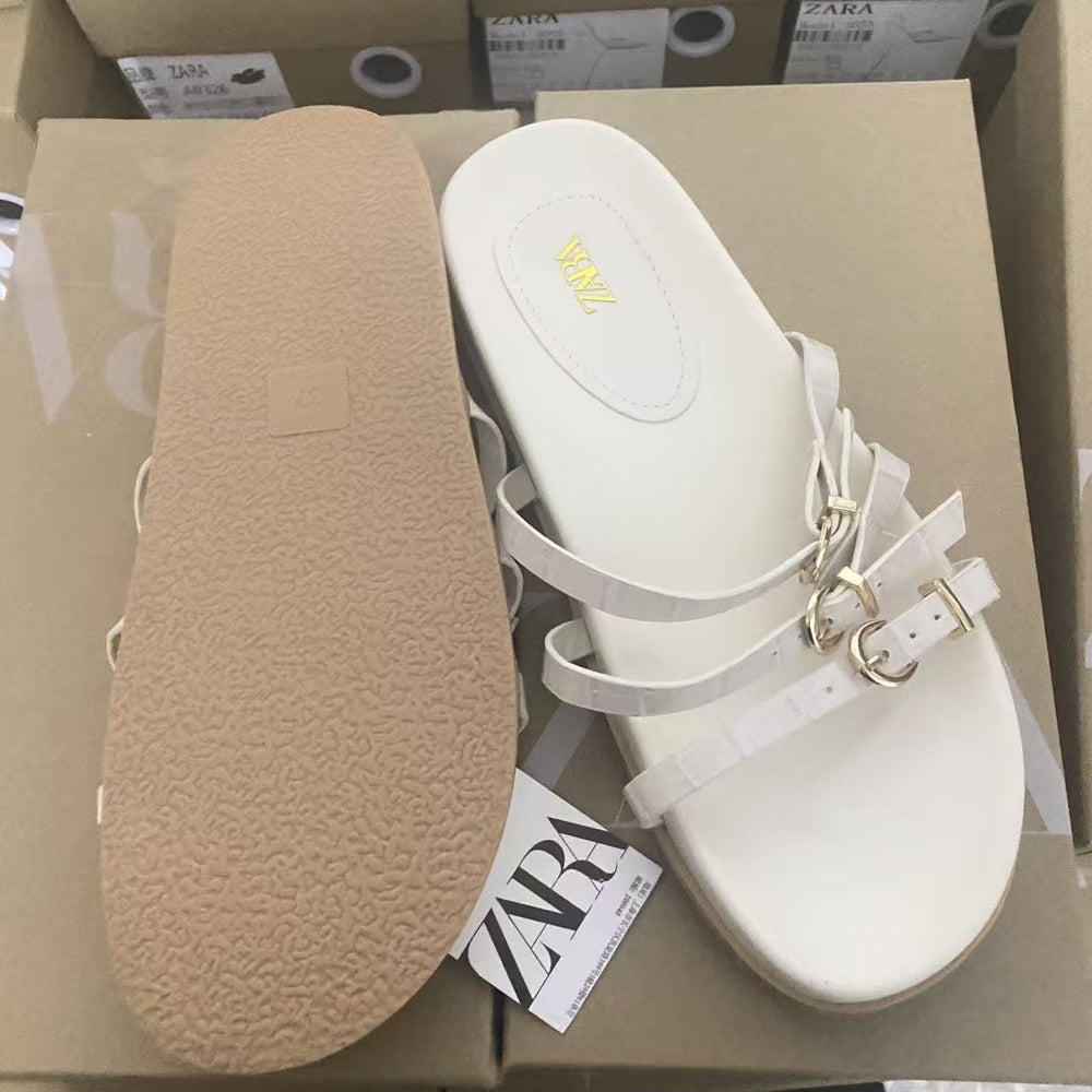 Za2025 new summer genuine leather thong sandals with buckle strap, flat open-toe casual comfortable beach slides