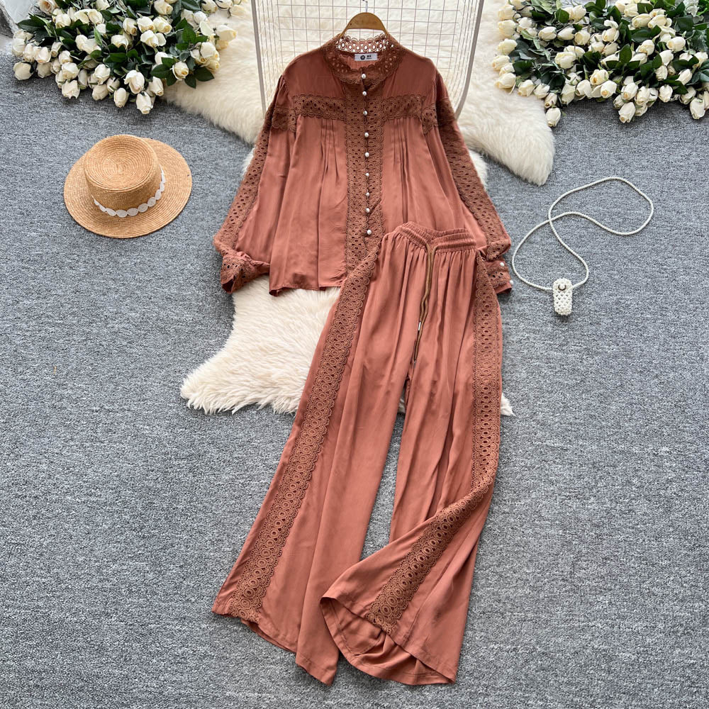 French court style chic lace patchwork pearl button lantern sleeve blouse and high-waisted wide leg casual pants set