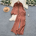 French court style chic lace patchwork pearl button lantern sleeve blouse and high-waisted wide leg casual pants set