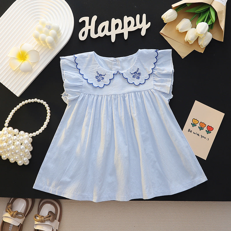 Summer girls' solid color lace collar round neck casual short sleeve flutter sleeve outerwear dress for toddlers and young children