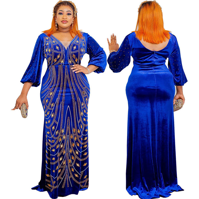 African cross-border supply  new style elegantwork clothing velvet patchwork mesh hot diamond hip-covering fishtail long skirt