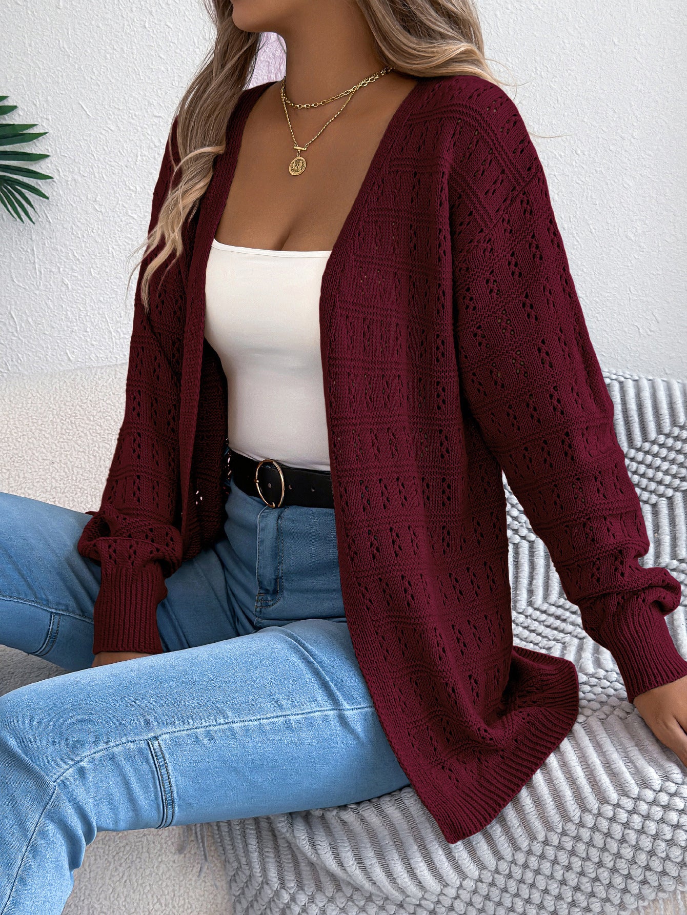 Europe, America, autumn and winter solid color hollow lantern long-sleeved cardigan sweater medium and long coat, independent station  women's clothing