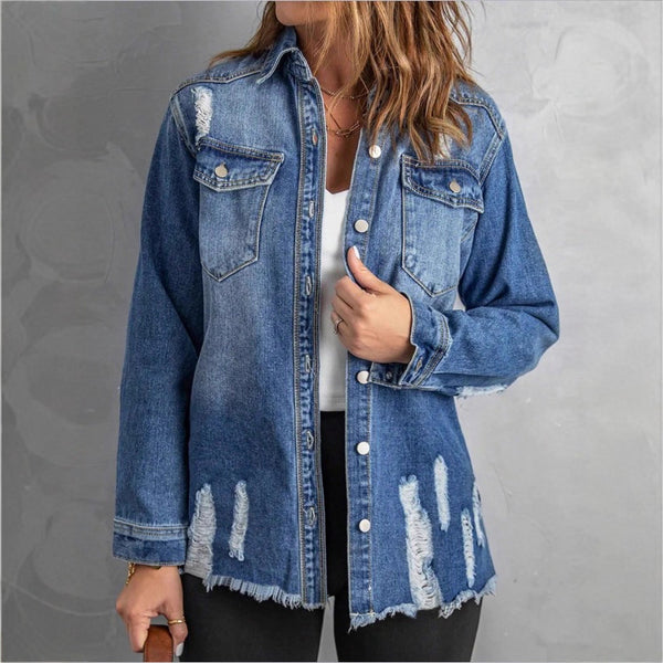 FR870481 Early autumn European and American trend version women's slim-fit ripped long-sleeved denim jacket versatile