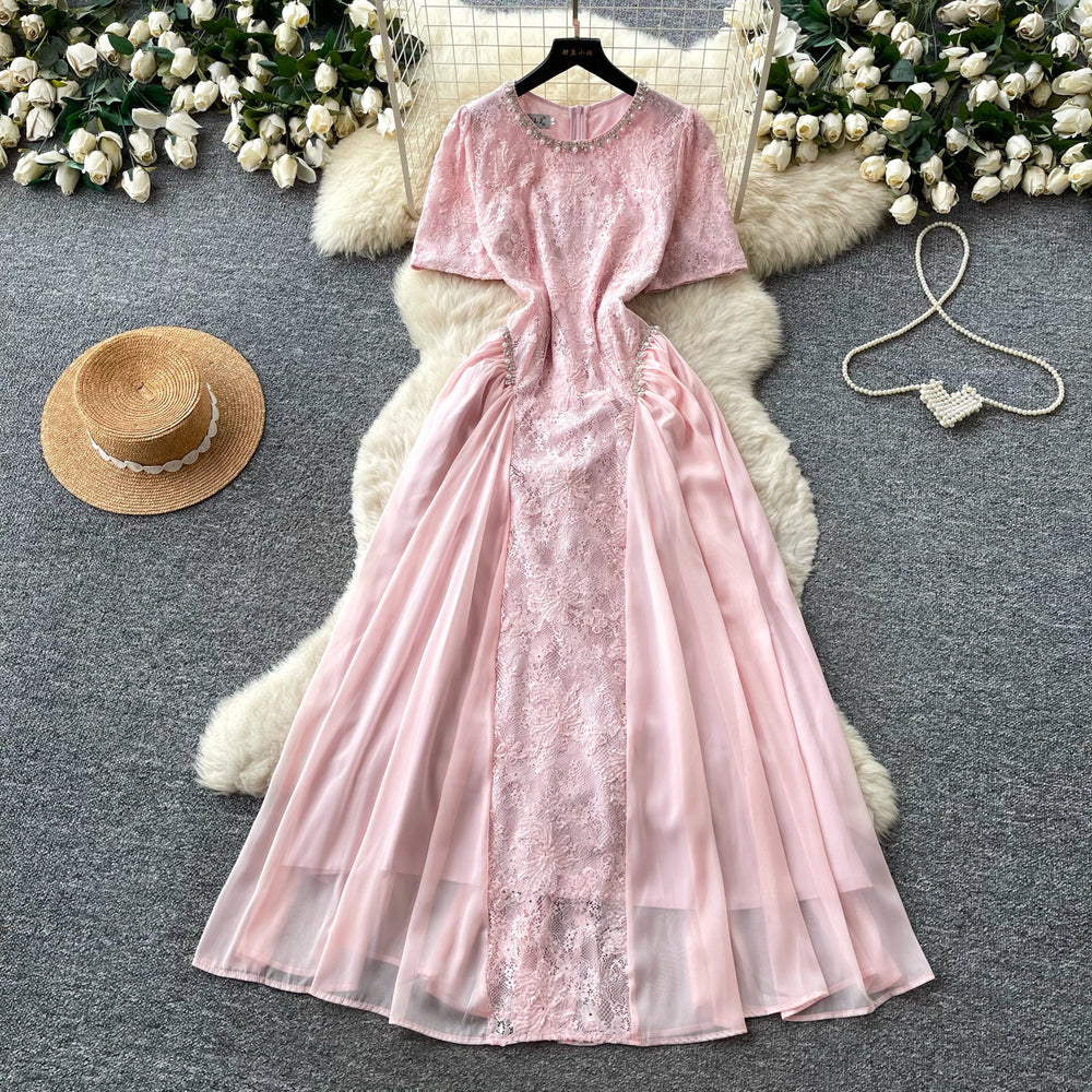 French-style cutout embroidered a-line dress - women's summer short sleeve high waist slimming elegant maxi dress