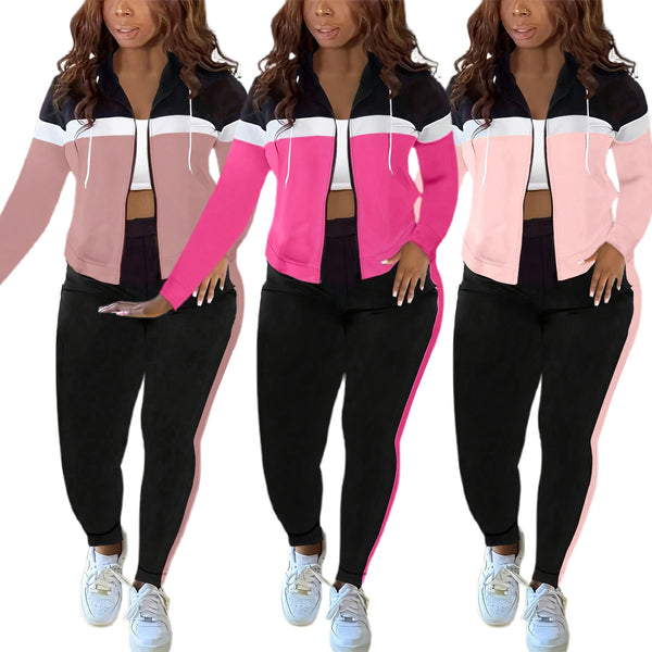 S391311 New Fashion Splicing Casual Sports Hooded Cardigan Jacket Pants Suit Women