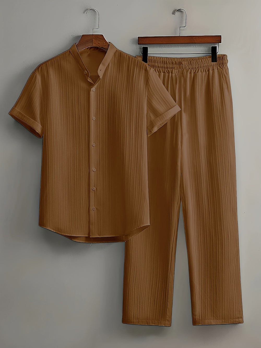 fashionmensuitcasualpure color short-sleeved shirt multi-color beach slub wrinkled short-sleeved pants two-piece set